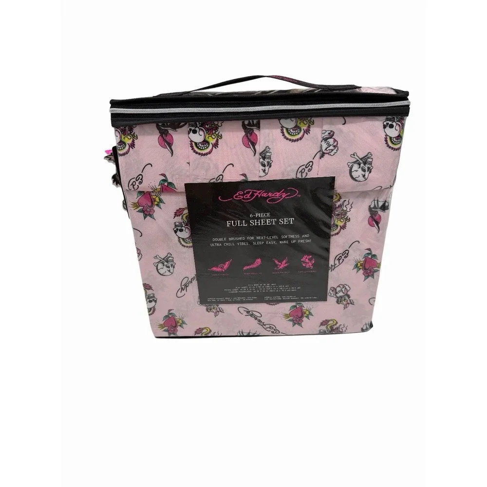 Ed Hardy 6-Piece Full Size Sheet Set Pink Skull Print New